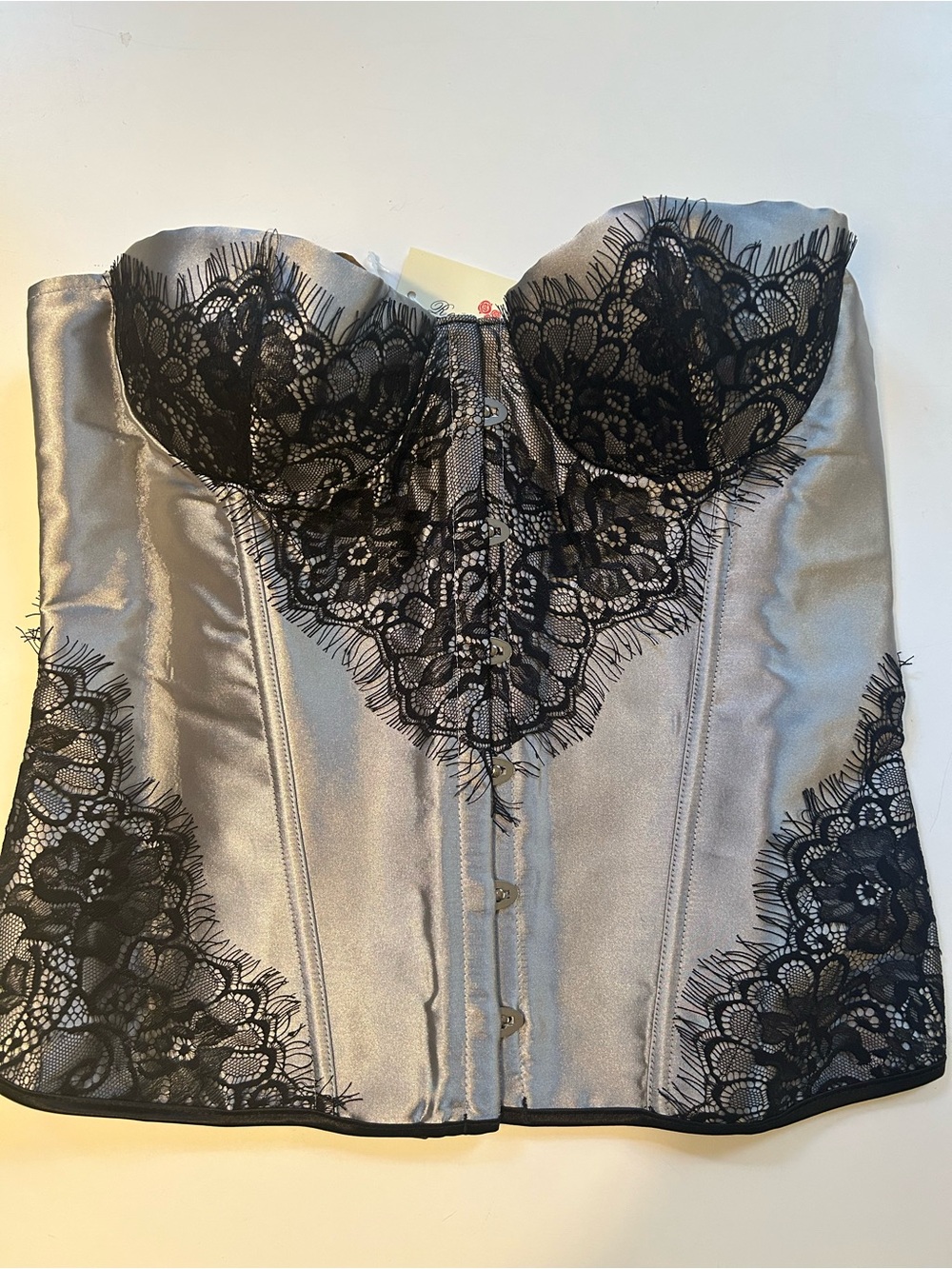 NWT Rouge Roses Silver/Black Satin Lace-Trim Bustier Bandeau 2XL